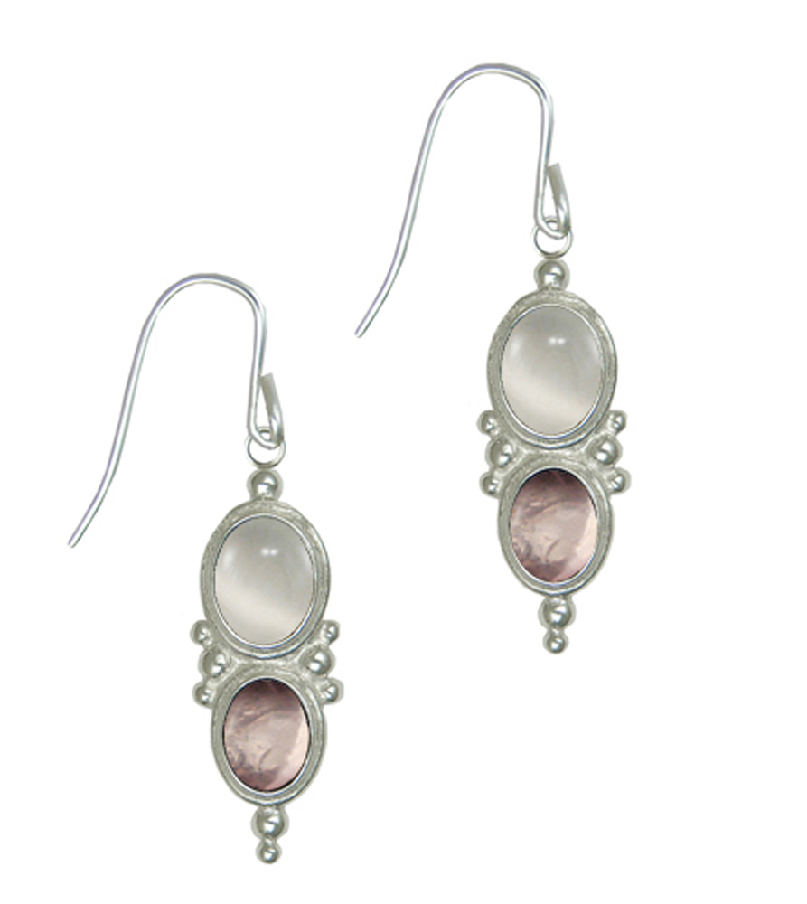 Sterling Silver Drop Dangle Earrings With White Moonstone And Rose Quartz